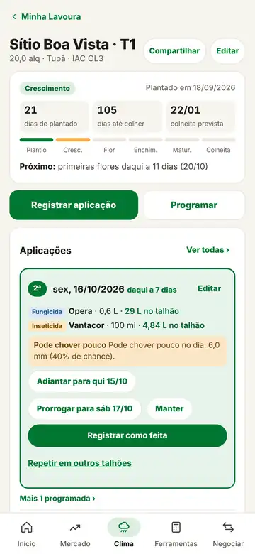 Tela do talhão com a fase, as aplicações e o aviso de chuva